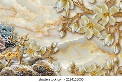 3d wallpaper, Elk with trees in marble background