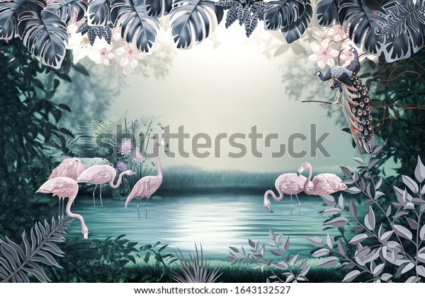 3d wallpaper flamingo nature with leaf