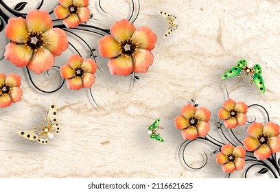 3D wallpaper flower and butterfly with marble background and beautiful design for interior - Powered by Shutterstock