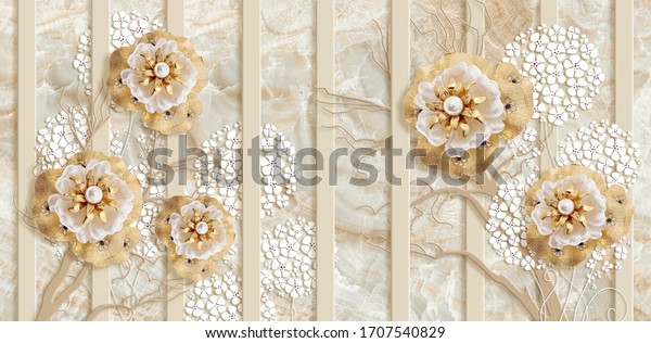 3d wallpaper, gold jewelry flowers, vertical stripes on marble background. Celebration 3d background	
