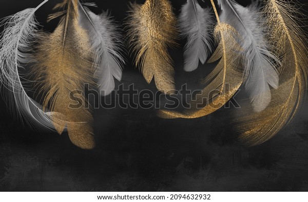  3d\
wallpaper Golden feathers with a dark\
background\
