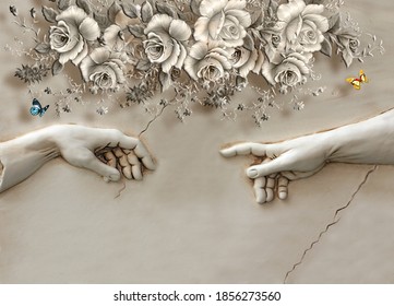 3D Wallpaper, Hands sculpture with flowers