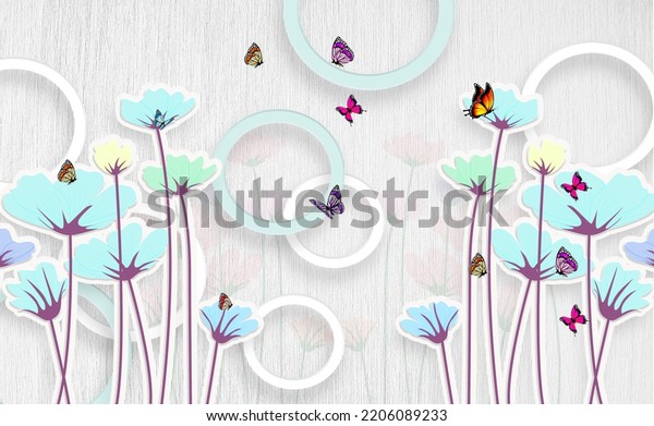 3d wallpaper. 3d illustration. 3d circle and flower wallpaper with butterflies. 