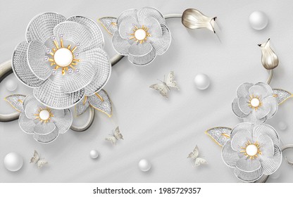 3d wallpaper illustration of flower background Silver
