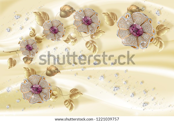 絹の背景に宝石用の花の3d壁紙 花のテーマ デザインのトレンドです お祝いの3d背景 のイラスト素材