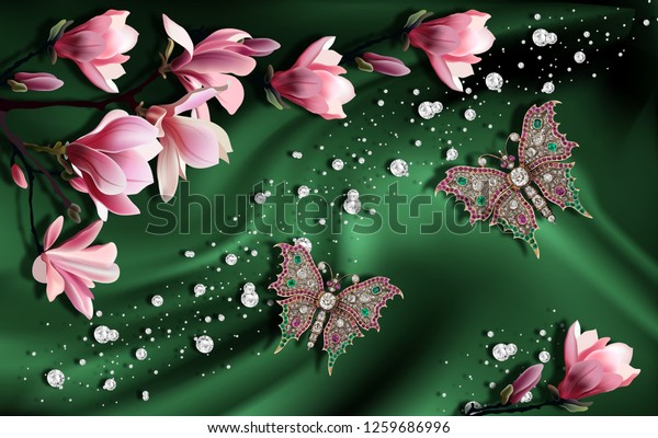 3D wallpaper, Jewelry and magnolia on green silk. Flower theme - this is a trend in interior design. Celebration 3d background.