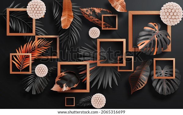 3D wallpaper leaf and rectangle box and black background Photo Wallpaper mural feather for living room.