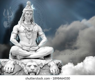 3d Wallpaper Lord Shiv with clouds and Sun Rays, God Mahadev mural 3D illustration Blue clouds and rays God Mahadev Doing Meditation with defocus trishul