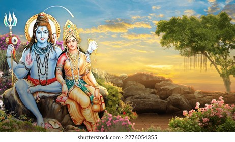3d Wallpaper of Lord Shiv Parvati with clouds Trees and Sun Rays, God Mahadev 3D illustration Blue orange background clouds with rays God Mahadev Doing Blessings with Goddess Parvati