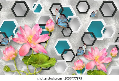 3d Wallpaper Lotus And Butterfly And Blue Color Polygon And Texture Background