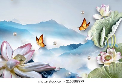 3D Wallpaper Lotus Flower With Butterfly Nature Mountain Background