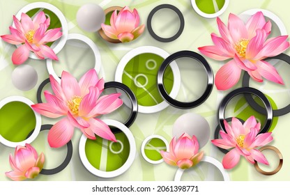 
3D Wallpaper Lotus Flower And Circle Green Background