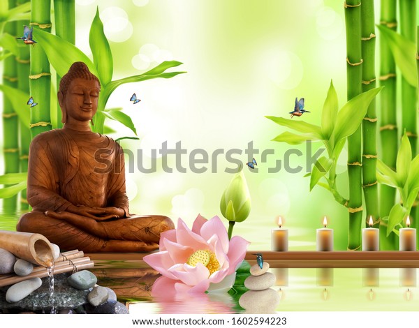 3D Wallpaper, Lucky Buddha with Bamboo shoots and Candles