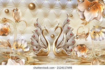 3d Wallpaper, Luxurious Golden Swans with golden flowers on cushion background