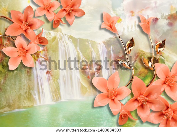 3D Wallpaper, Marble with Waterfall impression and Ornamental flowers on top