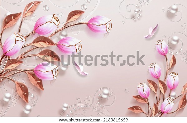 3D wallpaper metallic color and pink flower with butterfly, pearls texture mural wallpaper design. 
