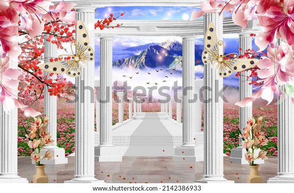 3d wallpaper murals flower and butterfly 3d front view beautiful background