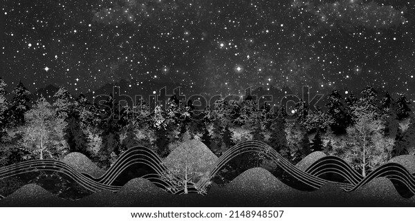 3d wallpaper, night\
landscape with dark mountains, trees, dark black background with\
stars and moon