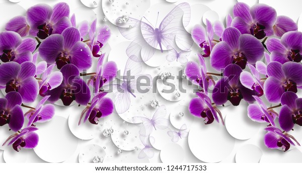 3d purple floral wallpaper, orchids and butterflies on  white abstract background. 