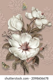 3d wallpaper With patterned brown background and flowers and butterflies
