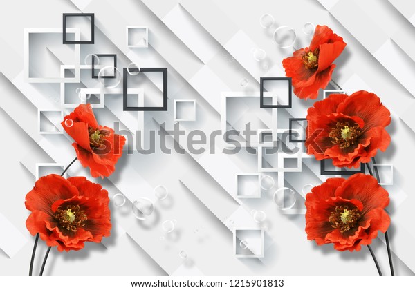 3d wallpaper, red poppies on white abstract background. Accent wall mural. 