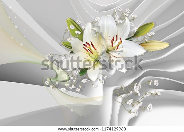 部屋の白いユリの3d壁紙 白い抽象的建築の背景にリリの花束 写真の壁紙 のイラスト素材