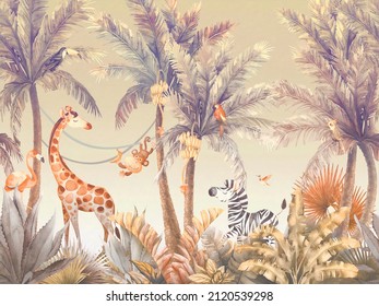 3d wallpaper safari kids giraffe zebra palm trees animals tropical