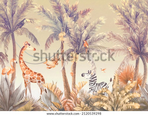 3d wallpaper safari kids giraffe zebra palm\
trees animals\
tropical