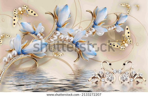 3D wallpaper showing blue flower and butterflies on a yellow background for interior and surface