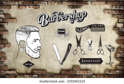 3D wallpaper showing a set of barber tools for barbershops - Powered by Shutterstock