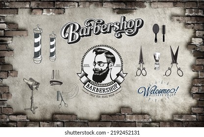 3D wallpaper showing a set of barber tools for barbershops - Powered by Shutterstock