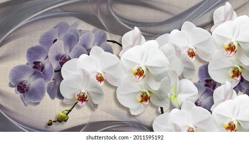 
3d wallpaper texture, blue and white orchids on fabric canvas texture.
