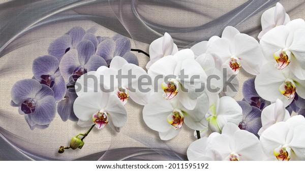  3d wallpaper texture, blue and white orchids on fabric canvas texture.