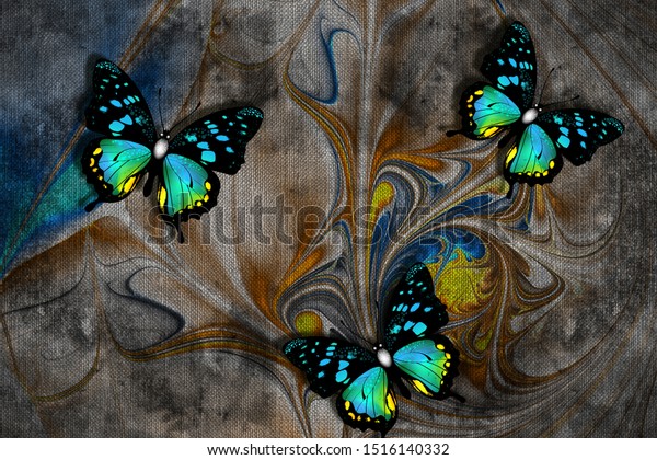 3d wallpaper texture, butterflies, nature painting, old canvas textures. Grey background. Murals effect. 