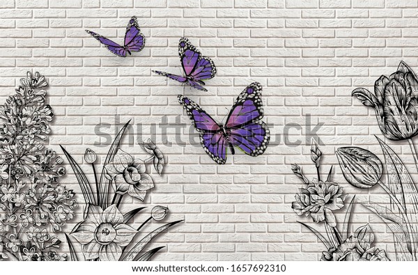 3d wallpaper texture, cultivated flowers and butterflies on brickwork. 3D Effect wall murals