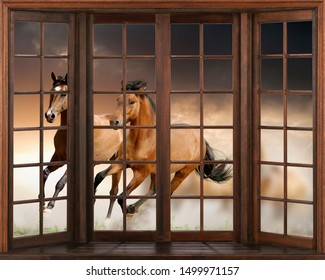 3d Wallpaper Texture, Horses Running, 3D Window View Decal Wall Sticker