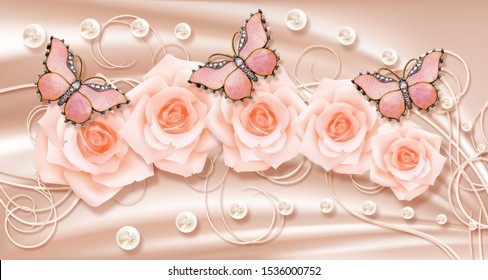 3d Wallpaper Texture, Roses, Butterflies And Pearls On Pink Silk