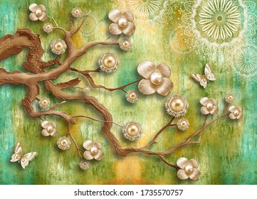 3D Wallpaper, Tree branch with ornamental flowers