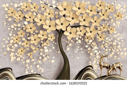 3D Wallpaper, Tree with flowers and elk deer 