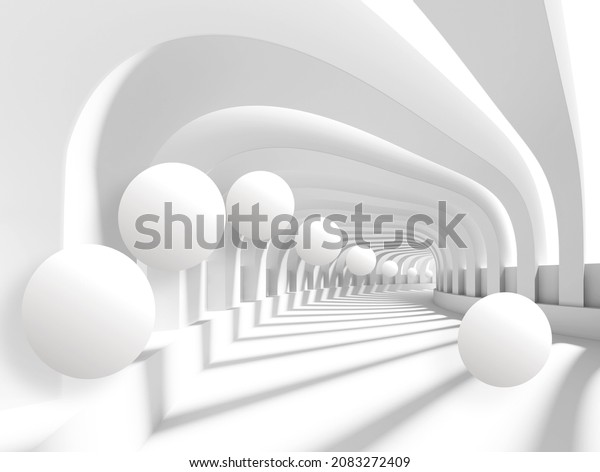 3d wallpaper Tunnel with white background and suspended balls 