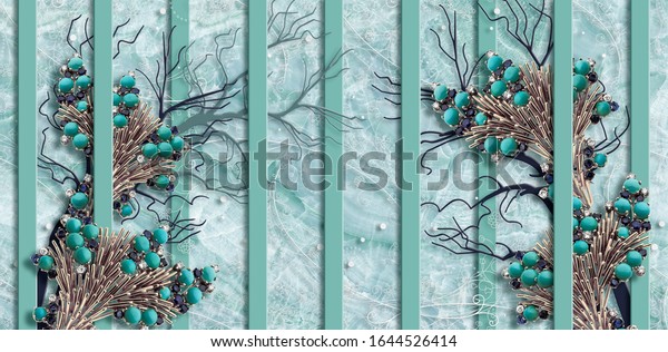 3d wallpaper, turquoise, jewelry, marble background, vertical stripes. 3d illustration