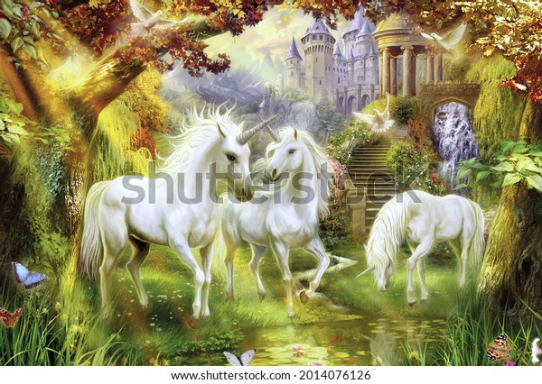 3d wallpaper, Unicorn in garden.
