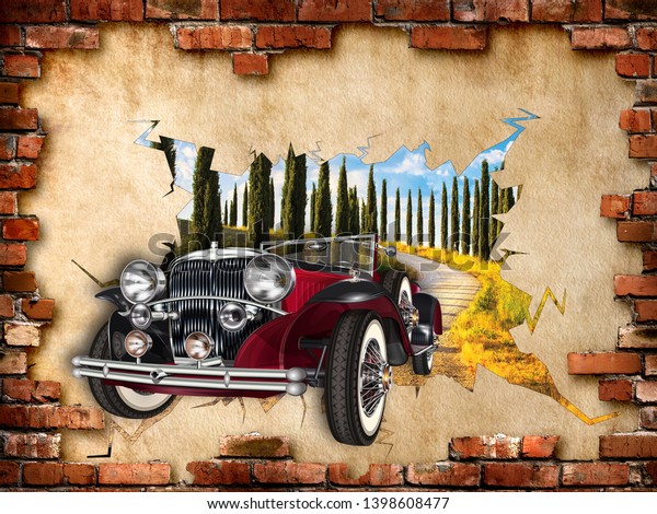 3D Wallpaper, Vintage Car breaking wall