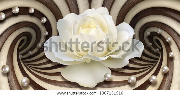 3d wallpaper, white rose and pearls on optical illusions background