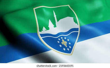 3D Waving Bosnia And Herzegovina City Flag Of Cazin Closeup View