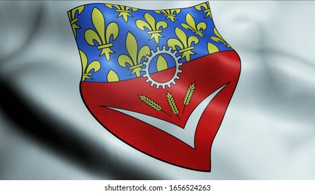 3D Waving France Department Coat Of Arms Flag Of Seine Saint Denis Closeup View