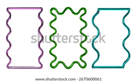 3D wavy frames with retrofuturistic Y2K style in metallic purple, green, and blue on white background. Digital and urban inspiration, creative resource for design, fashion, and visual arts.