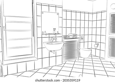 3d W.C and part of the Bathroom graphical interior with black white sketch. linear sketch.	