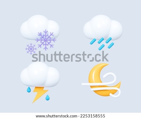 3D Weather set icon. Cloud with snowflake, rain, lightning and moon with wind. Meteo forecast graphic symbol for app and web. Cartoon creative design icon isolated on blue background. 3D Rendering