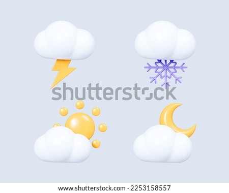 3D Weather set icon. Cloud with sun, snowflake, lightning and crescent moon. Meteo forecast graphic symbol for app and web. Cartoon creative design icon isolated on blue background. 3D Rendering